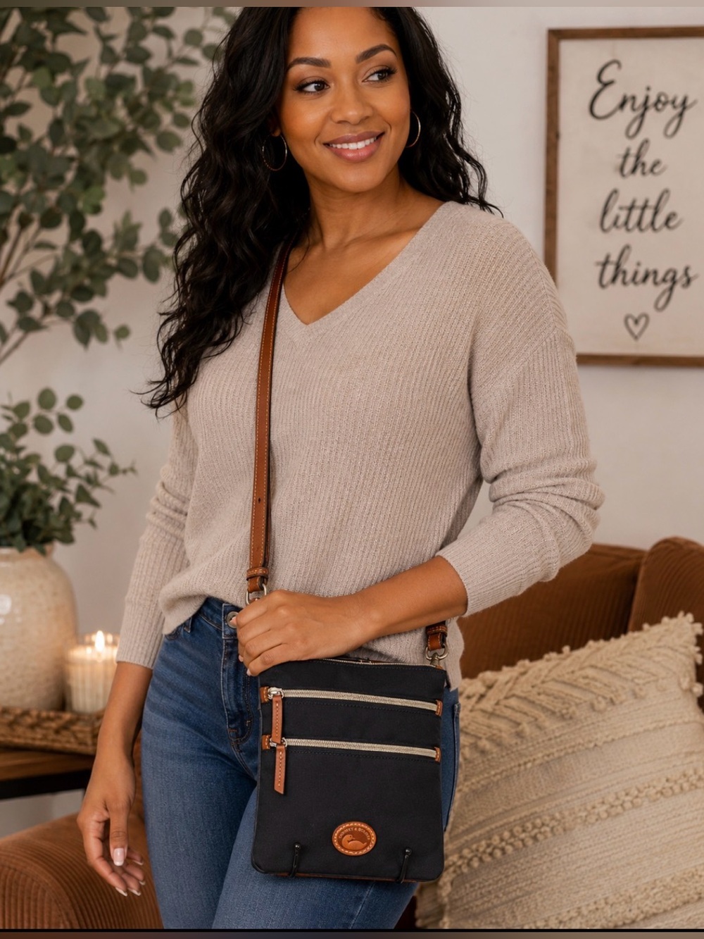 Dooney & Bourke Black Crossbody Bag with Brown Trim